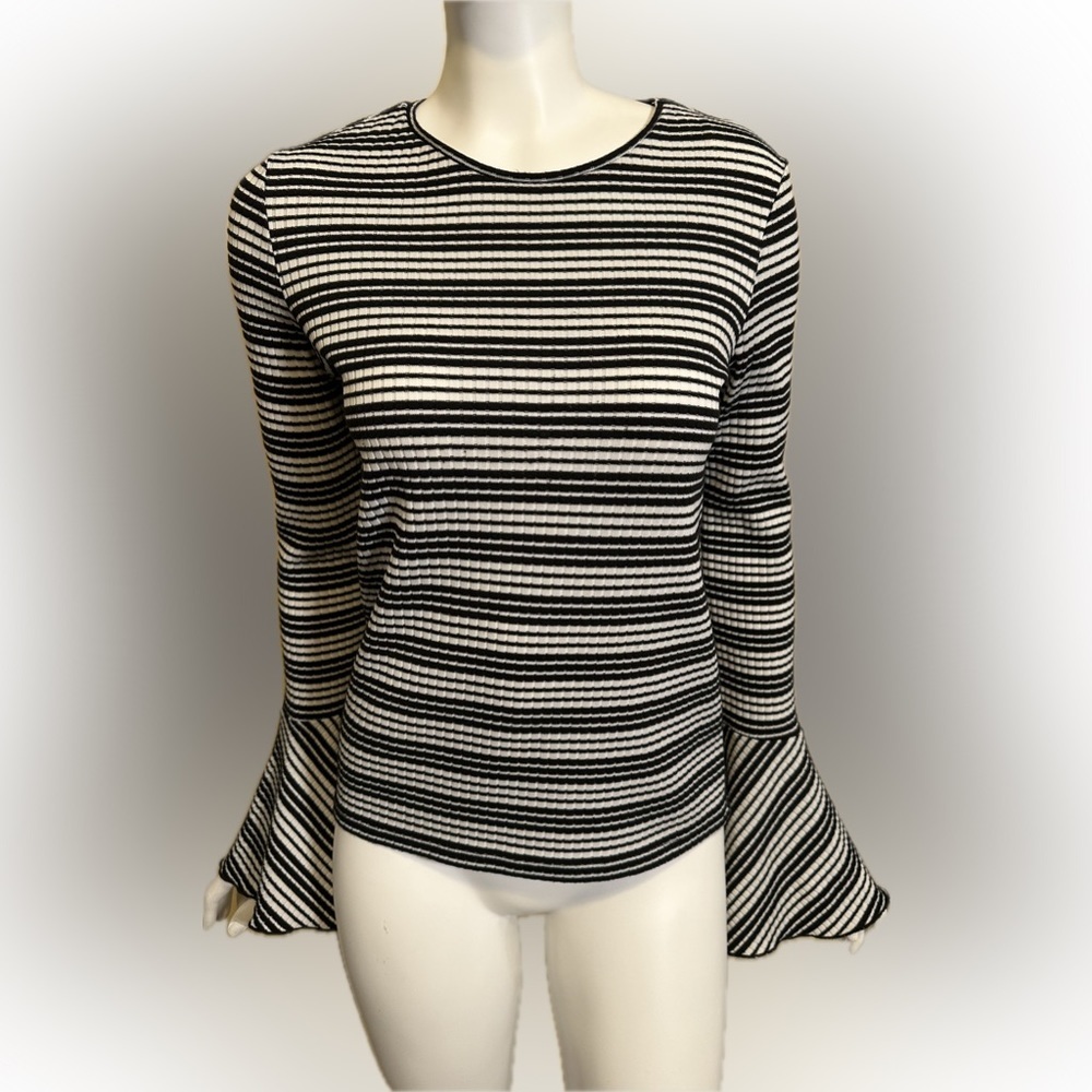 Zara Trafaluc Top Back White Striped Flounce Bell Sleeve Ribbed Womens Small